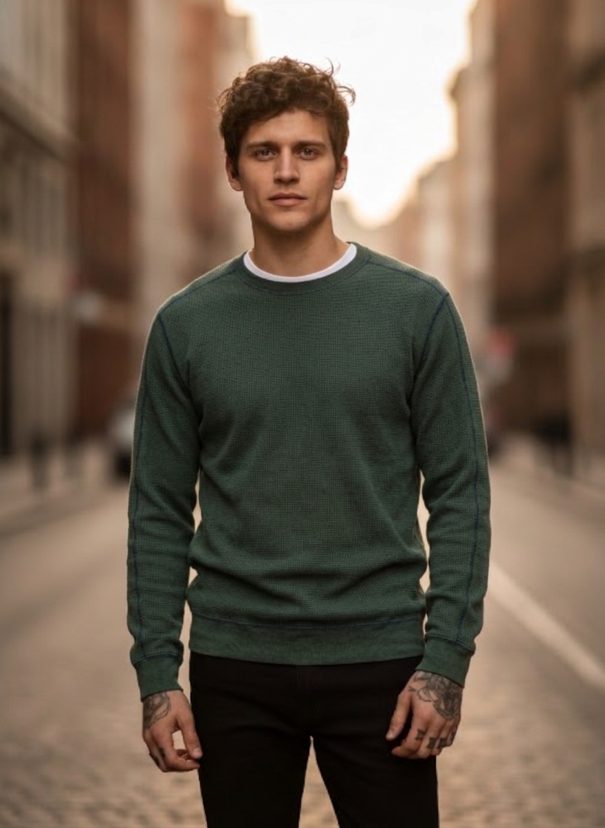 BEAMS PLUS Fade Thermal Crew Green at CareOfCarl.com - Virtual Try-On Result